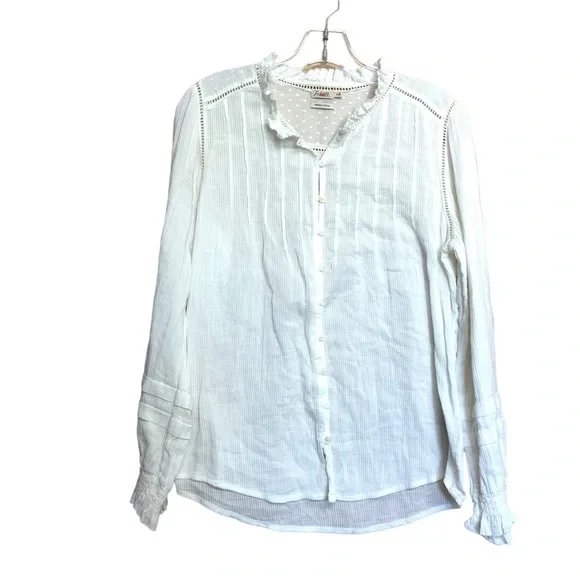 Faherty Willa Organic Cotton Ruffled Pintucked White Ivory Blouse - Picture 4 of 7